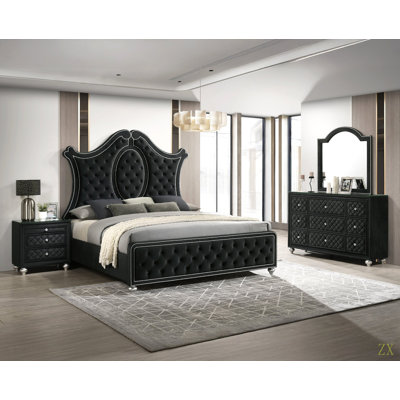 Everly Quinn Glam Luxurious Bed with Drawers, Mirror Accents and